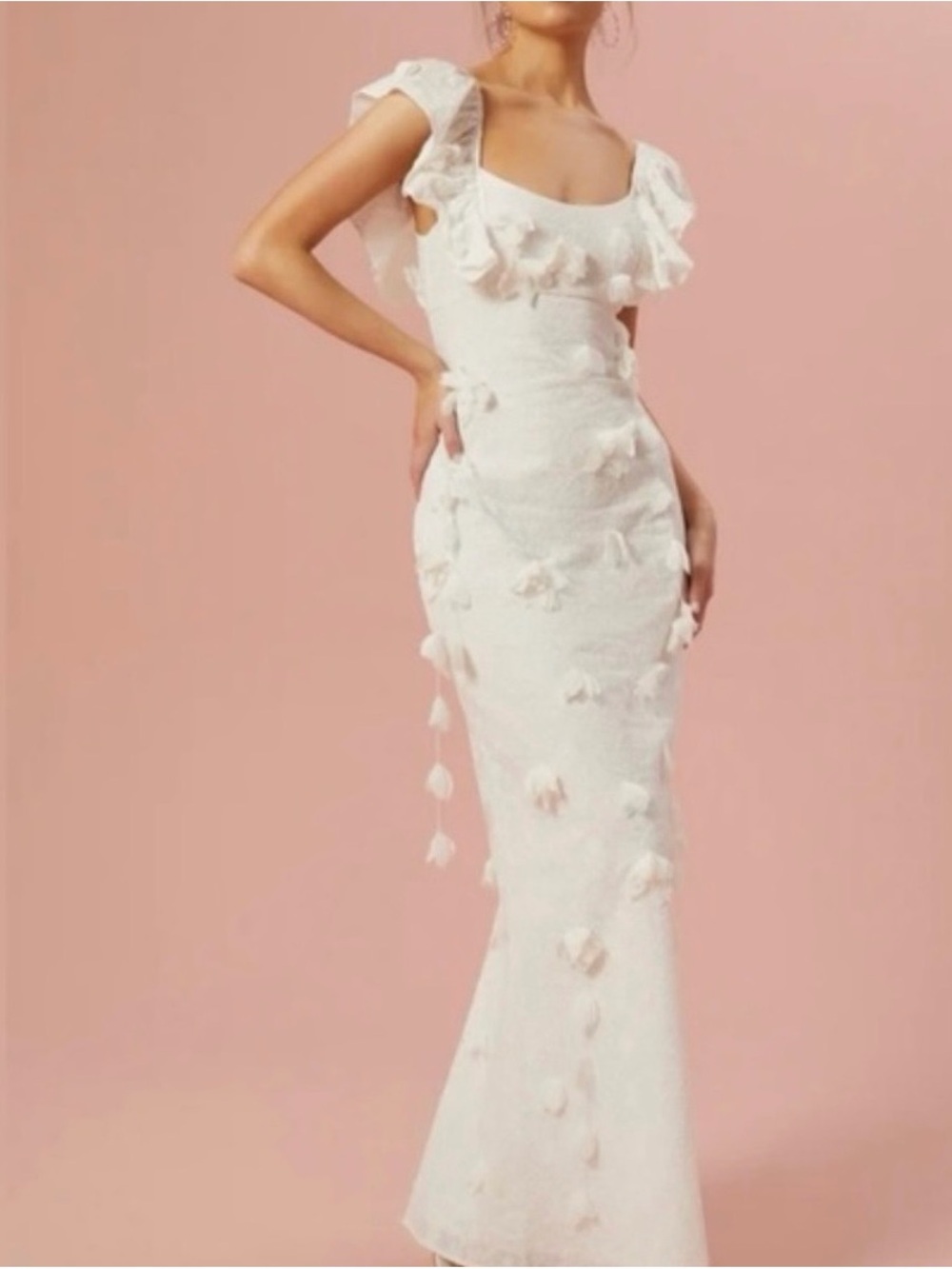 Altar'd State Ivory Ruffle-Embellished Floral Appliqué Maxi Dress